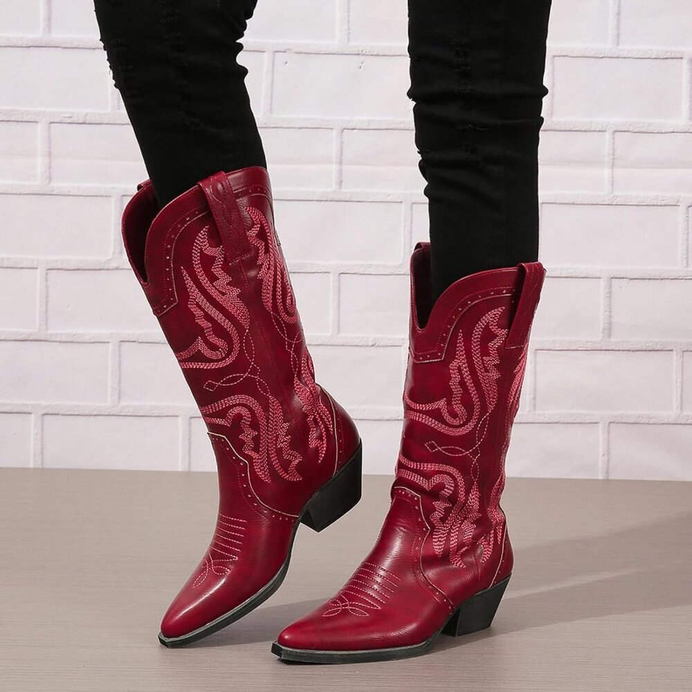 Selroys Cowboy Boots Women Red Leather Mid Calf Western Embroidered Chunky Boots — image 3 of 5
